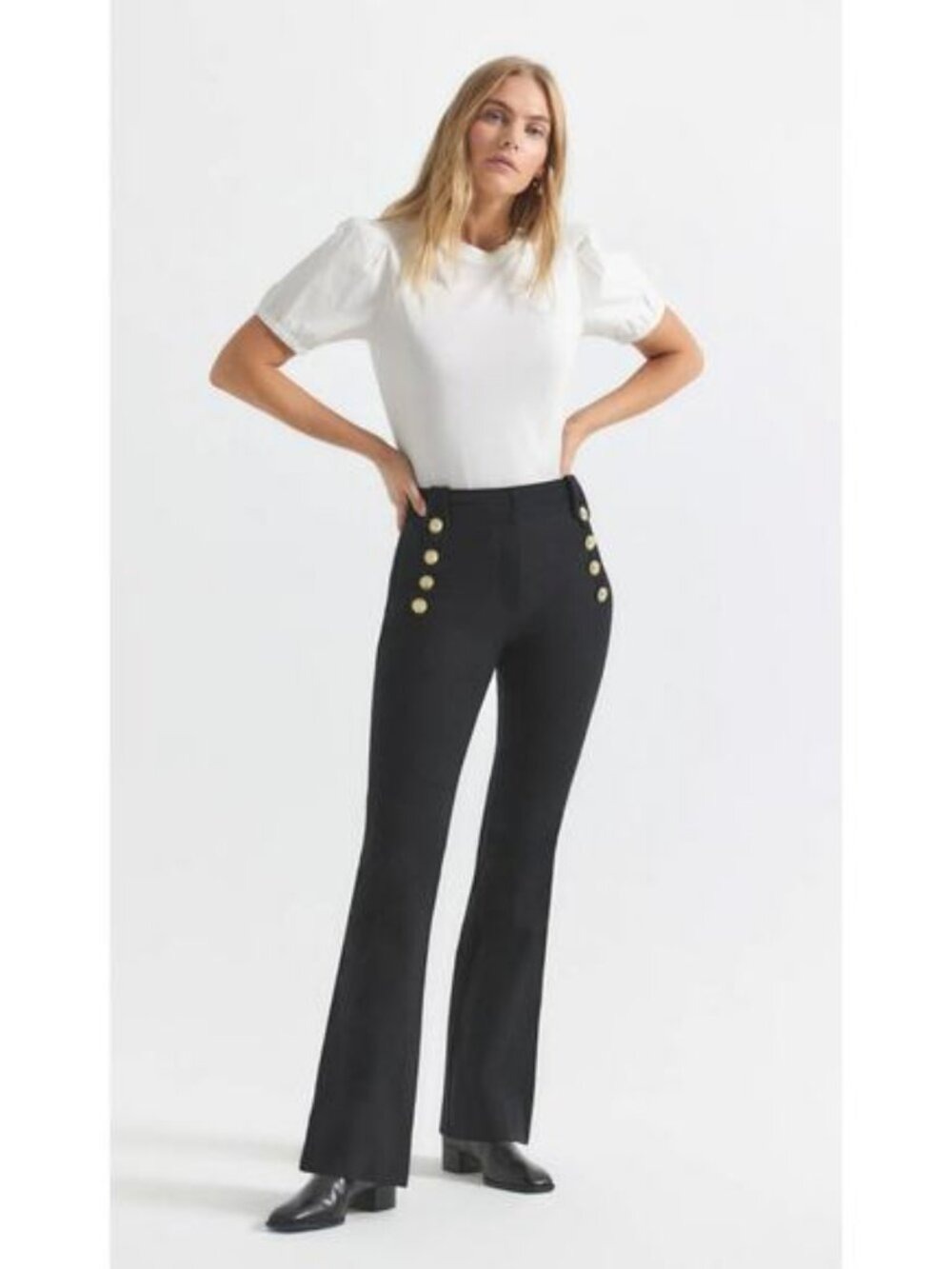 Derek Lam 10 Crosby Robertson Pants Black Sailor Flare High Rise Gold Button 10